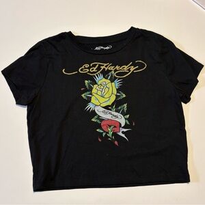 Ed Hardy Cropped Baby Tee Rose Graphic Black XL